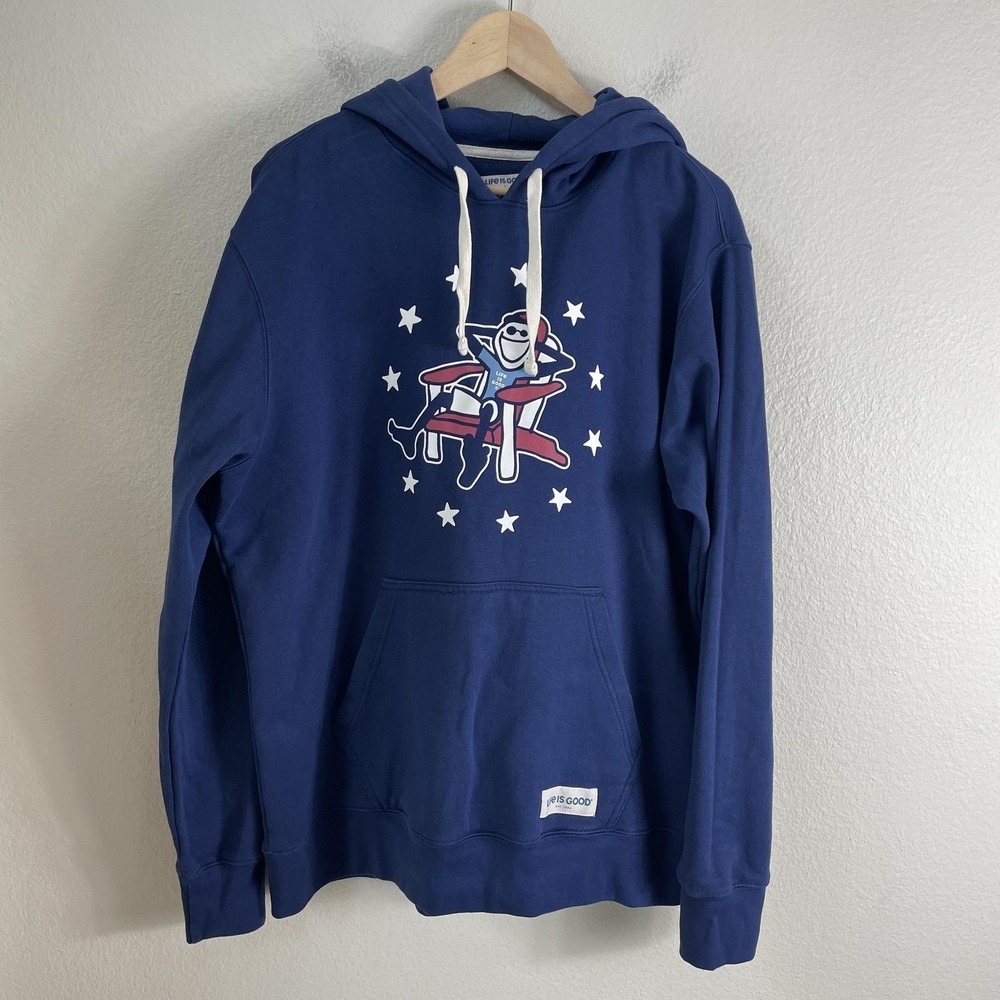 Life Is Good Hoodie Mens Large Blue Patriotic Adirondack Chair Graphic Fleece